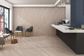 Light cafeteria interior with chairs and table in row, cooking zone with bar counter. Dining space in business building with panoramic window to city view. 3D Rendering