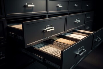 File cabinet drawer. Office paper archive file storage. Generate Ai - obrazy, fototapety, plakaty