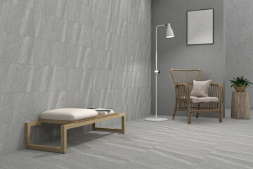 Modern villa living room design interior, beige furniture, grey walls, marble flooring, sofa, armchair with lamp. Concept of relax. Mock up. 3D Rendering