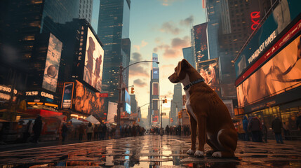 A brown and white dog sits on a reflective city street at sunset, with towering billboards and a bustling crowd in the background - obrazy, fototapety, plakaty