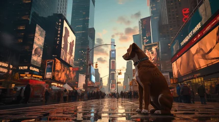 Foto op Plexiglas A brown and white dog sits on a reflective city street at sunset, with towering billboards and a bustling crowd in the background © opt