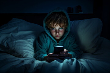child boy use a mobile phone in the bed - obrazy, fototapety, plakaty