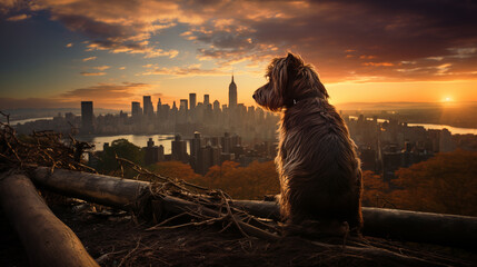 A shaggy dog sits in front of a fallen log, looking towards a city skyline illuminated by a setting sun with clouds in the sky - Powered by Adobe