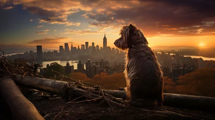 Deurstickers A shaggy dog sits in front of a fallen log, looking towards a city skyline illuminated by a setting sun with clouds in the sky © opt