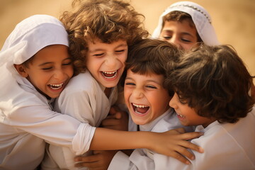 group of arabian children hugging