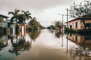 Fototapeta premium Flooded island streets. Heavy rains overflowing water impact. Generate ai