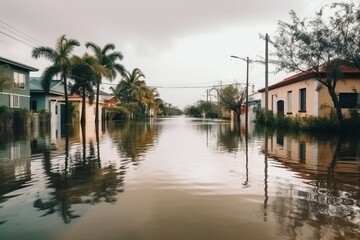 Fototapeta na wymiar Flooded island streets. Heavy rains overflowing water impact. Generate ai