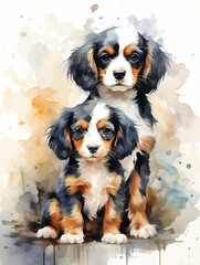 A Couple Of Dogs Sitting Together - Two Cavalier King Charles Spaniel puppies