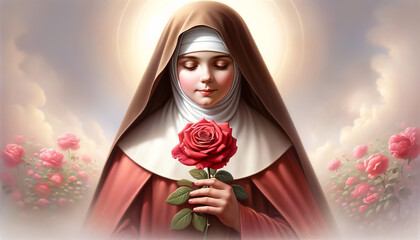 The Little Flower's Gentle Embrace: Saint Thérèse with a Red Rose Illustration. - obrazy, fototapety, plakaty