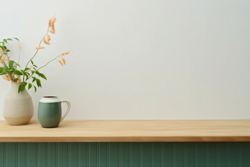 Minimal cozy counter mockup design for product presentation background. Branding in Japan style with wood top green counter and warm white wall. Kitchen interior. generative ai. - obrazy, fototapety, plakaty