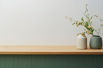 Minimal cozy counter mockup design for product presentation background. Branding in Japan style with wood top green counter and warm white wall. Kitchen interior. generative ai.