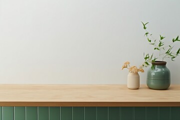 Minimal cozy counter mockup design for product presentation background. Branding in Japan style with wood top green counter and warm white wall. Kitchen interior. generative ai. - obrazy, fototapety, plakaty