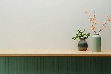 Minimal cozy counter mockup design for product presentation background. Branding in Japan style with wood top green counter and warm white wall. Kitchen interior. generative ai.