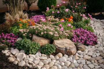 Fototapeta na wymiar Flower garden stones design. Floral house nature texture leaf plant. Generate Ai