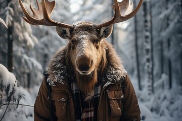 deer in winter  snow  dressed in casual  people clothes