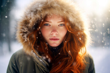 Generative AI illustration of portrait of redhead female with green eyes and wavy hair in casual warm clothes standing and looking at camera against blurred background in snowy day in winter