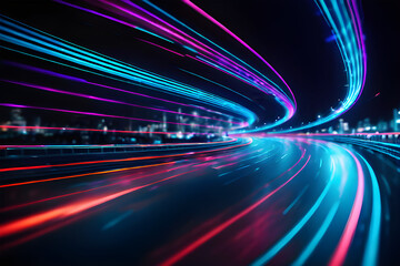 Fototapeta na wymiar Blurred neon lights background. Futuristic race track lights in motion blur style. Futuristic night backdrop.