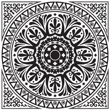 Vector Black square classical ornament of Ancient Greece and Roman Empire. Tile, Arabesque, Byzantine pattern.