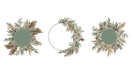 Set of Round Frames with Wreath of Dried Flowers, Pampas Grass, Branches and Leaves. Designs for Wedding Invitations, Logos, Greeting Cards. Vector