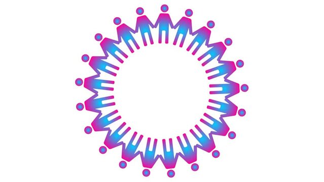 Animated pink blue circle of people turns around. Symbols of people are holding hands. Concept of social, teamwork, connection, communication, society. Looped video. Vector illustration isolated on wh