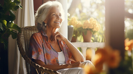 Home lifestyle mature woman relaxing sleeping on sofa on outdoor patio living room. Happy lady lying down on comfortable pillows taking a nap for wellness and health. Tropical vacation.
