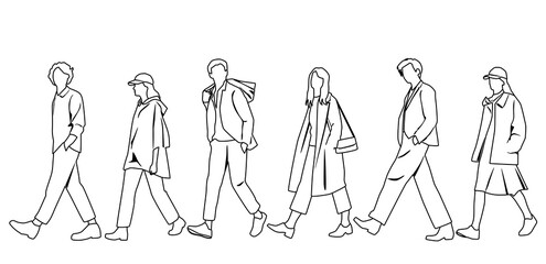 Vector silhouettes of men and women walking, linear sketch, profile, people, black color,  isolated on white background