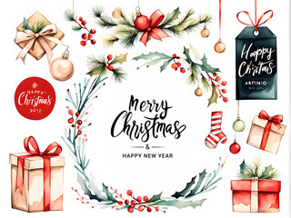 Merry Christmas and a happy new yearinvitation Watercolor Christmas Essentials Drawings
