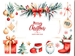Fototapeta na wymiar Merry Christmas and a happy new yearinvitation Watercolor Christmas Essentials Drawings 
