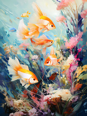 Fototapeta na wymiar A Group Of Goldfish Swimming In Water - Underwater aquatic life with fishes