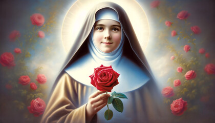 Graceful Saint Thérèse Illustration: The Little Flower with a Red Rose. - obrazy, fototapety, plakaty