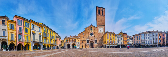 Landmarks of  Piazza della Vittoria, Lodi, Italy - obrazy, fototapety, plakaty