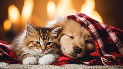 Fototapeta na wymiar Cat and dog cuddled together next to a warm fire at Christmas, Generative AI