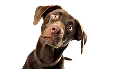 A funny playful dog with his head up looking at the camera, isolated on white background. Generative AI	