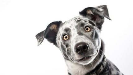 A funny playful dog with his head up looking at the camera, isolated on white background. Generative AI	