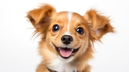 A funny playful dog with his head up looking at the camera, isolated on white background. Generative AI	