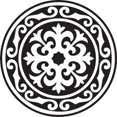Vector white and black round Kazakh national ornament. Ethnic pattern of the peoples of the Great Steppe, Mongols, Kyrgyz, Kalmyks, Buryats. circle, frame border.