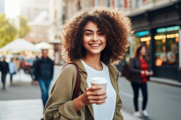Portrait of beautiful smiling woman walking city street with coffee cup in hands.  - obrazy, fototapety, plakaty