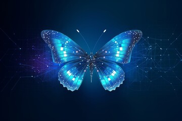 Digital butterfly in a futuristic polygonal style on a blue background. Converting binary code into a butterfly, metamorphosis of renewal or transformation. bringing business ideas, Generative AI - obrazy, fototapety, plakaty