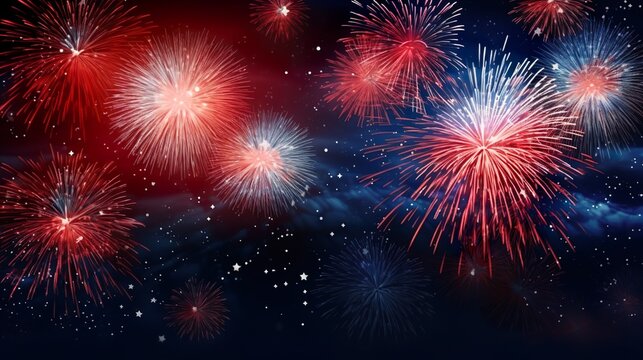 Happy Independence day, 4th July national holiday. Festive confetti sparkles and stars blue and red patriotic celebration