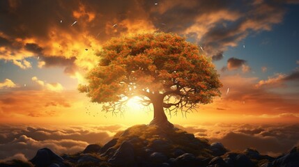 Gorgeous scene of a large tree covered in leaves against a cloud-filled sunset sky. 