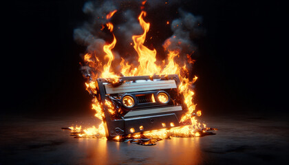 Burning audio cassette tape, all up in flames, isolated on a black background, symbolising the outdated technology of a bygone era - obrazy, fototapety, plakaty
