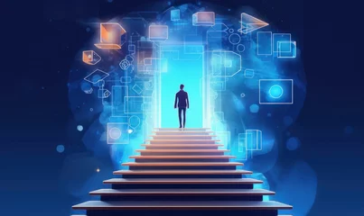 Fotobehang Digital step future education concept in futuristic polygonal style. Choosing a technology career on the road to success.  illustration, Generative AI © Imagery Innovators
