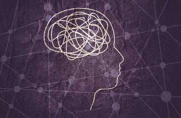 Psychotherapy, stress and psychosis. A man head in profile with a tangled ball of nerves, scribbles symbolizing a depressed state of a person. Psychological help. Personality disorder and depression