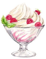 Whipped cream and ripe raspberries in a dessert glass. Watercolor illustration. Refreshing summer dessert, frozen yogurt and berries, mint. Clipart for cafe, restaurant menu.