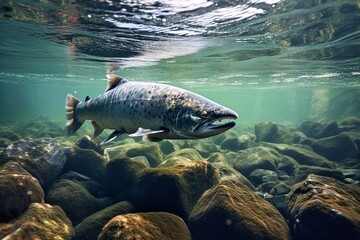 Fototapeta premium Rainbow trout, Salmon trouts swimming in the river