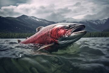 Fototapeta premium Big salmon swimming in the lake on the background of mountains and clouds. Big salmon in the water. Big salmon in the wild. Trout in the water.