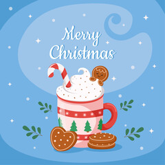 Christmas card with hot cocoa with cream and gingerbread man