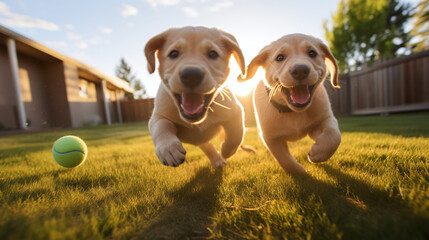 A proud pair of Labrador puppies and their owner captured in a joyful moment