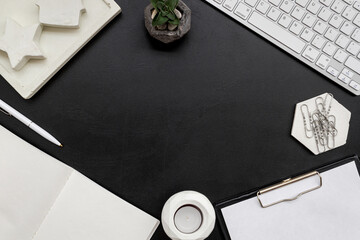 Flat lay of office supplies and computer keyboard, stylish white working table desk