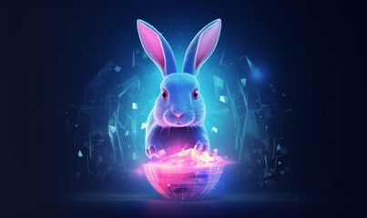 Happy easter background in digital tech style. Concept for greeting card with bunny and easter egg. Futuristic  illustration with light effect, Generative AI